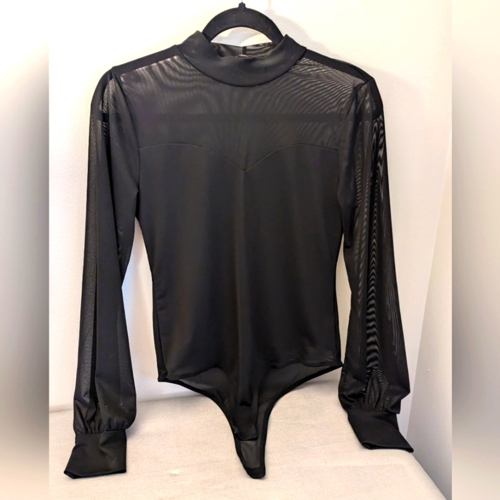 NEW Shinestar Black mesh bodysuit mock turtleneck size large